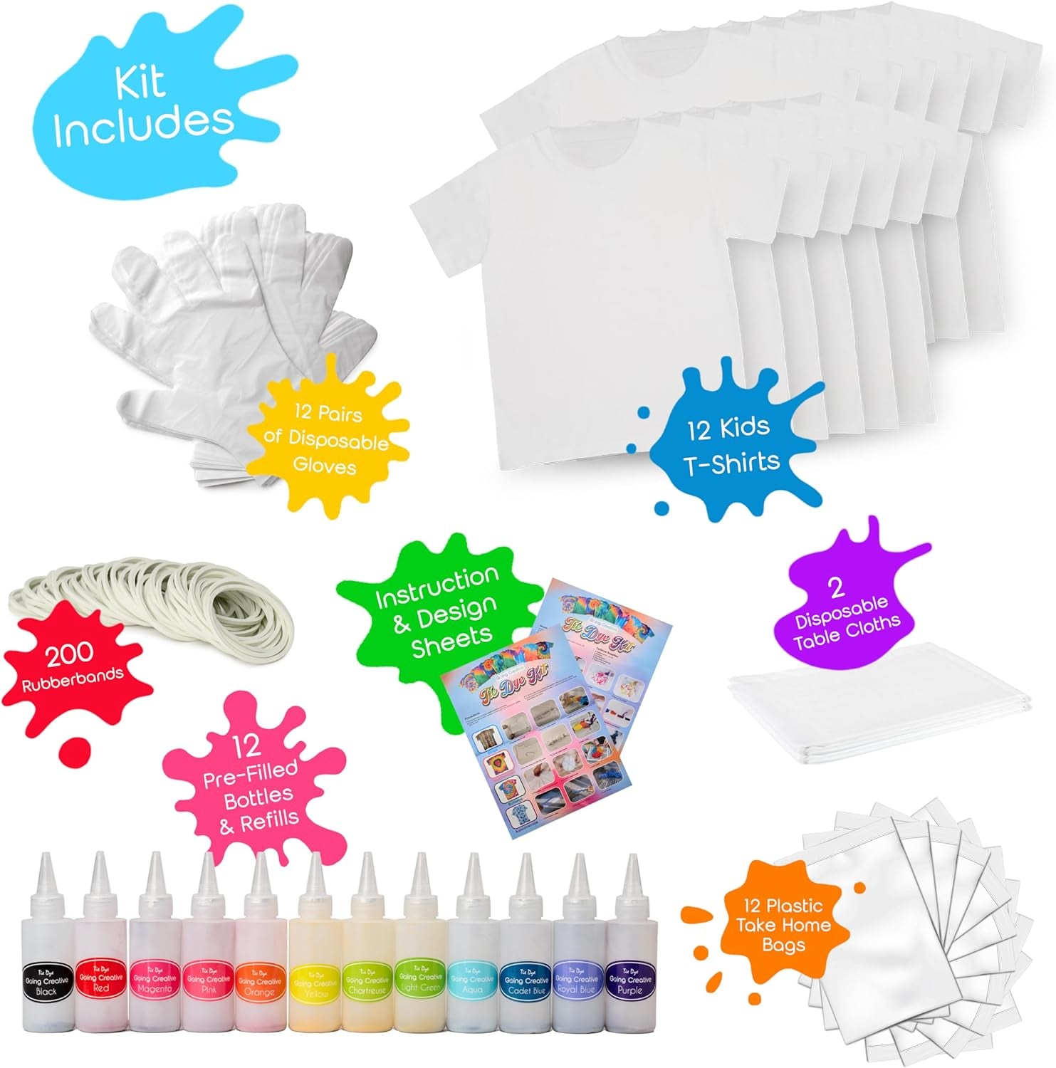 All-In-One Children’S Tie Dye Kit - Tie Dye Party Pack W/ 12 Kids Shirts, 12 Colors in Pre-Filled Bottles, 12 Refills, Gloves, Bands & More - Top Arts and Crafts for Kids 4 & Up