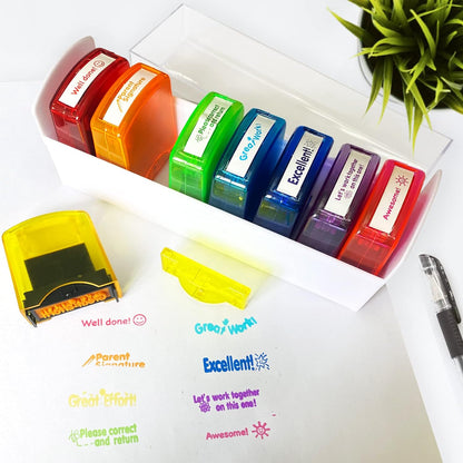 Teacher Stamps for Grading Classroom，Parent Signature Self-Inking Teacher Stamp Set School Supplies for Homework Reward for Elementary, 8 Pcs(Rainbow)