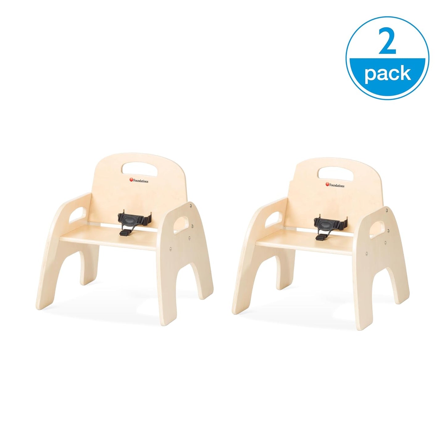Simple Sitter Low Wood Feeding Chairs Multipack, Wide No-Tip Base, Adjustable Safety Harness, Stackable Wood Toddler Chairs with Food Service Grade Finish, 2 Pack (9 Inch)