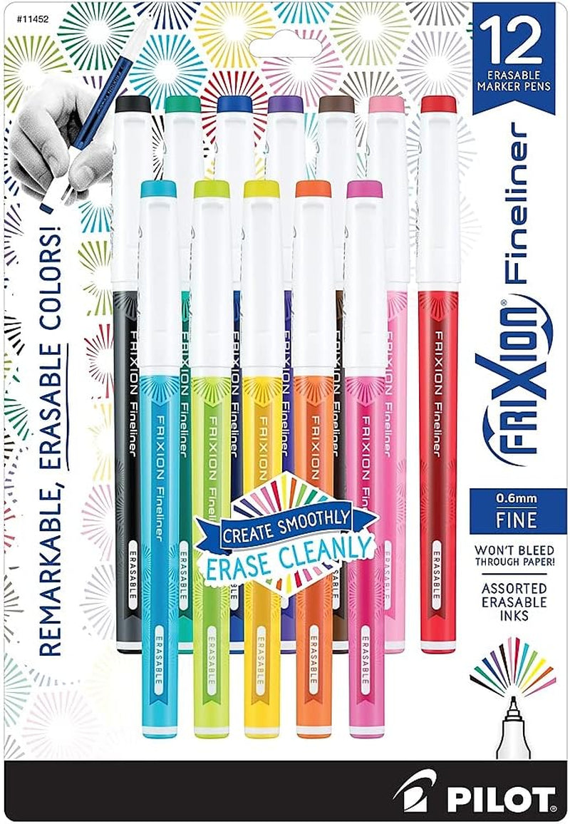 , Frixion Fineliner Erasable Marker Pens, Fine Point 0.7 Mm, Pack of 12, Assorted Colors