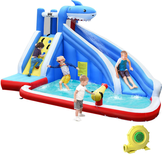 Inflatable Water Slide, Shark Themed Waterslide Park for Kids Backyard Outdoor Fun W/Long Slide, Splashing Pool, 750W Blower, Blow up Water Slides Inflatables for Kids and Adults Party Gifts