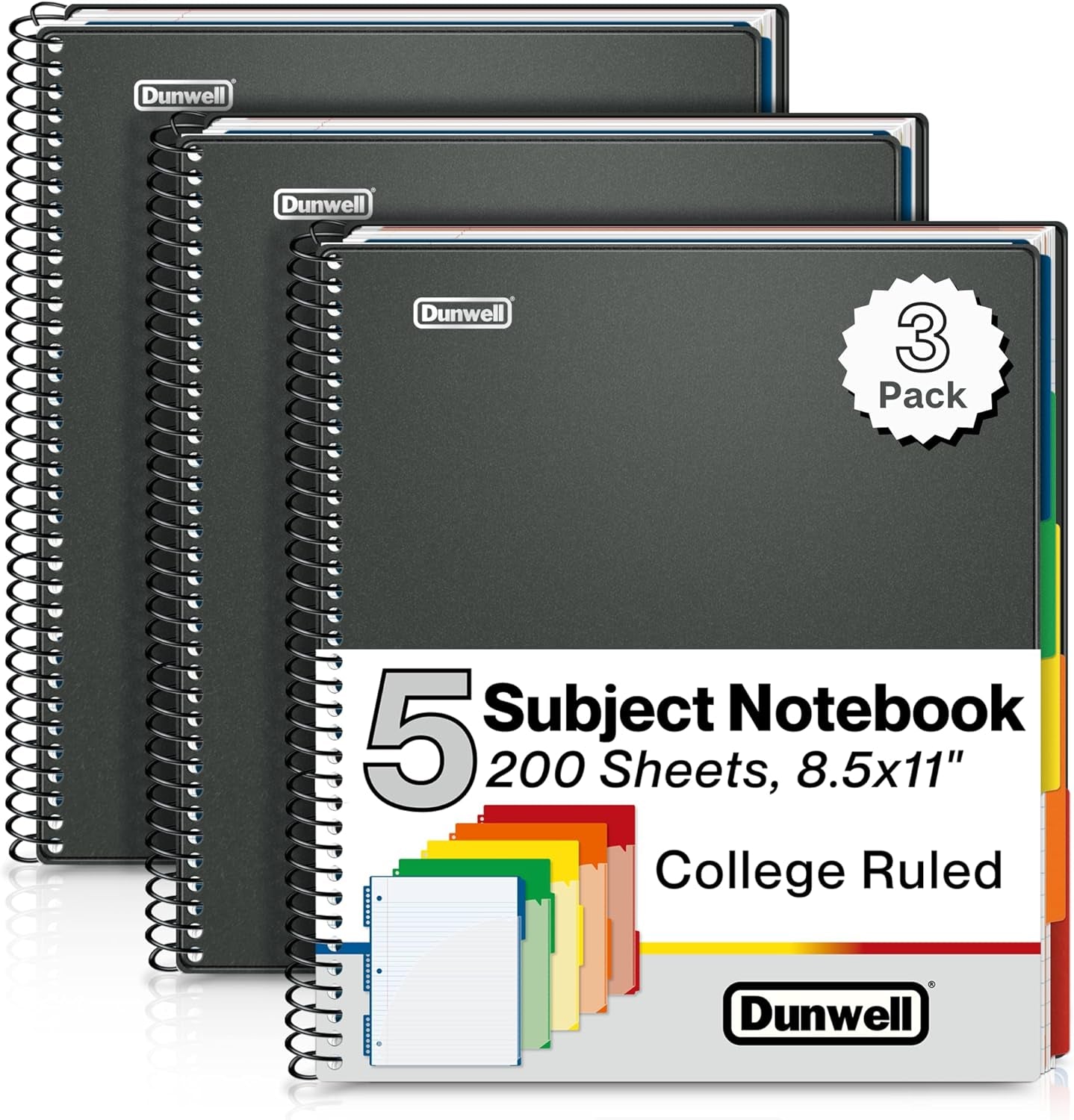 5-Subject Notebook College Ruled 8.5 X 11, 200 Sheets (400 Pages), Spiral Notebook 8.5X11 with Tabs, Movable Pocket Dividers, Front/Back Plastic Covers, Multi Subject Notebook