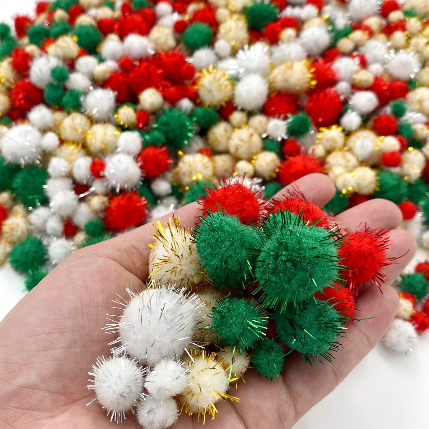 1200 Pieces Christmas Pom Pom Tinsel Glitter Pom Pom Balls for Crafts and Decorations(4 Sizes, Gold, White, Red, Green)