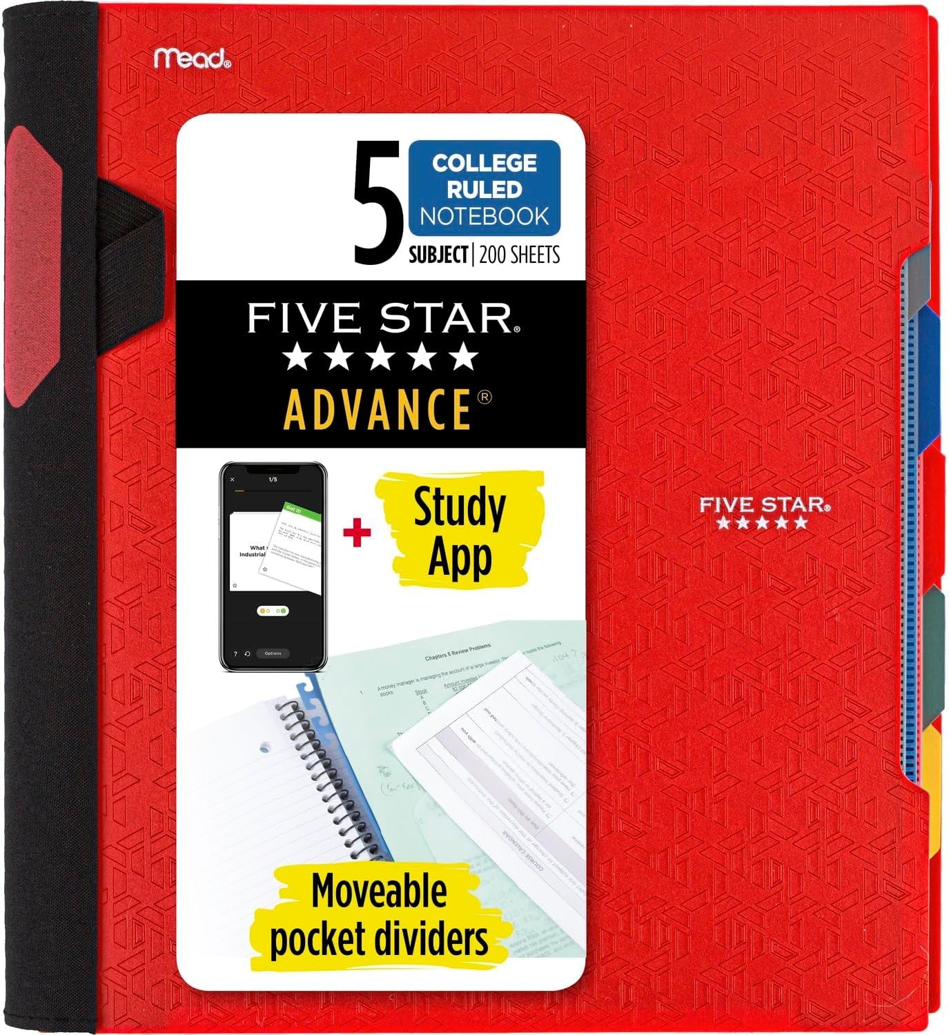 Spiral Notebook + Study App, 5 Subject, College Ruled Paper, Advance Notebook with Spiral Guard, Movable Tabbed Dividers and Expanding Pockets, 8-1/2" X 11", 200 Sheets, Black (73144)