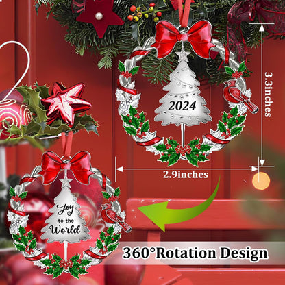 Christmas Ornament 2024 for Christmas Tree Decorations，Dated 2024 Christmas Wreath Ornament with Rotatable Tree for Holiday Decorative Keepsake Gift(Metal,1 Pack)