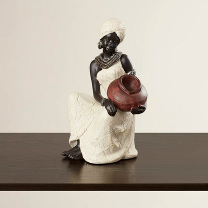 Harly Cream Polystone Sitting African Woman Sculpture with Red Water Pot