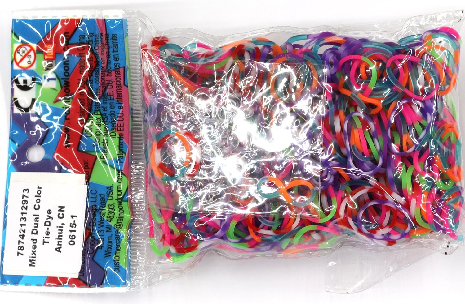 Specialty Tie-Dye Mixed Dual Color Latex-Free Refill Bands, 600 Count plus 24 C-Clips