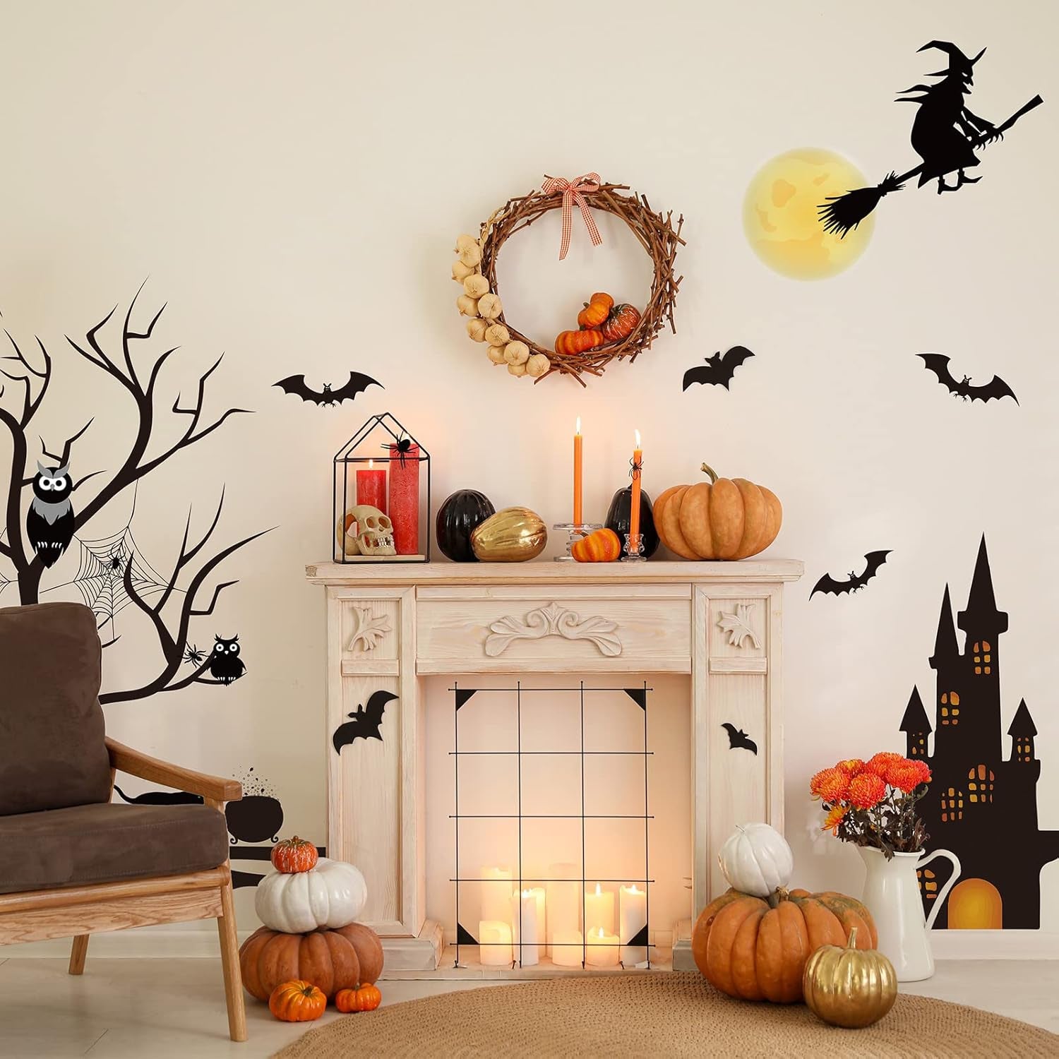 4 Sheet Halloween Window Clings Halloween Glass Decals Bat Witch Spider Pumpkin Removable Wall Decal Halloween Window Stickers Spooky Window Decals for Glass Windows Holiday Wall Stickers for Door