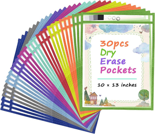 30 Pack Oversized Dry Erase Pockets Sleeves Reusable Ticket Holders, Clear Plastic Sheet Page Protectors, Heavy Duty Work Pockets School Teacher Classroom Office Organization Supplies, 10 Color