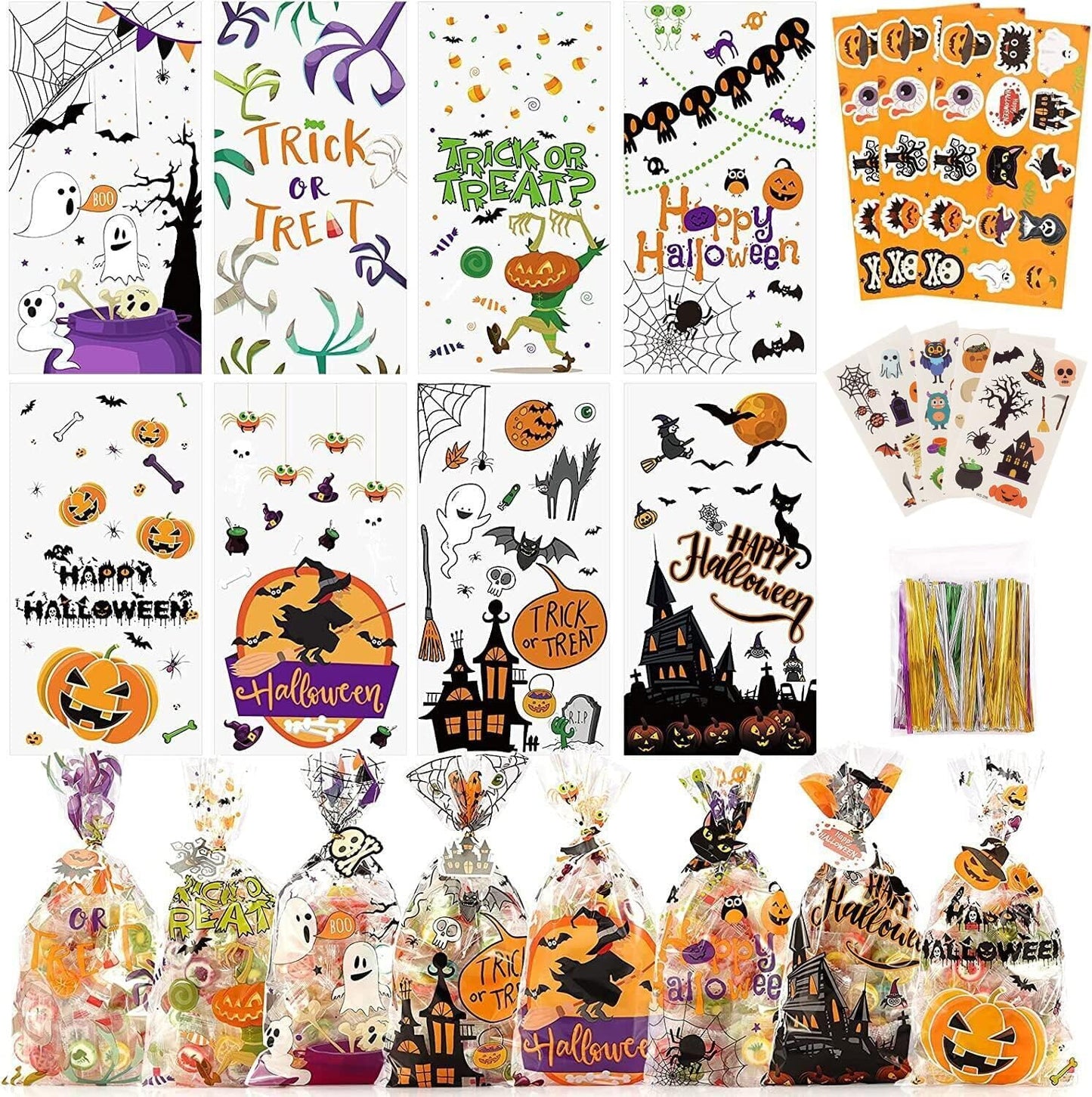 Halloween Candy Bags Treats Bags, 200 PCS Halloween Cellophane Bags for Kids Treat or Trick Party Supplies, 8 Styles Halloween Goodies Bags Gift Bags with Tattoo Stickers for Halloween Party Favors