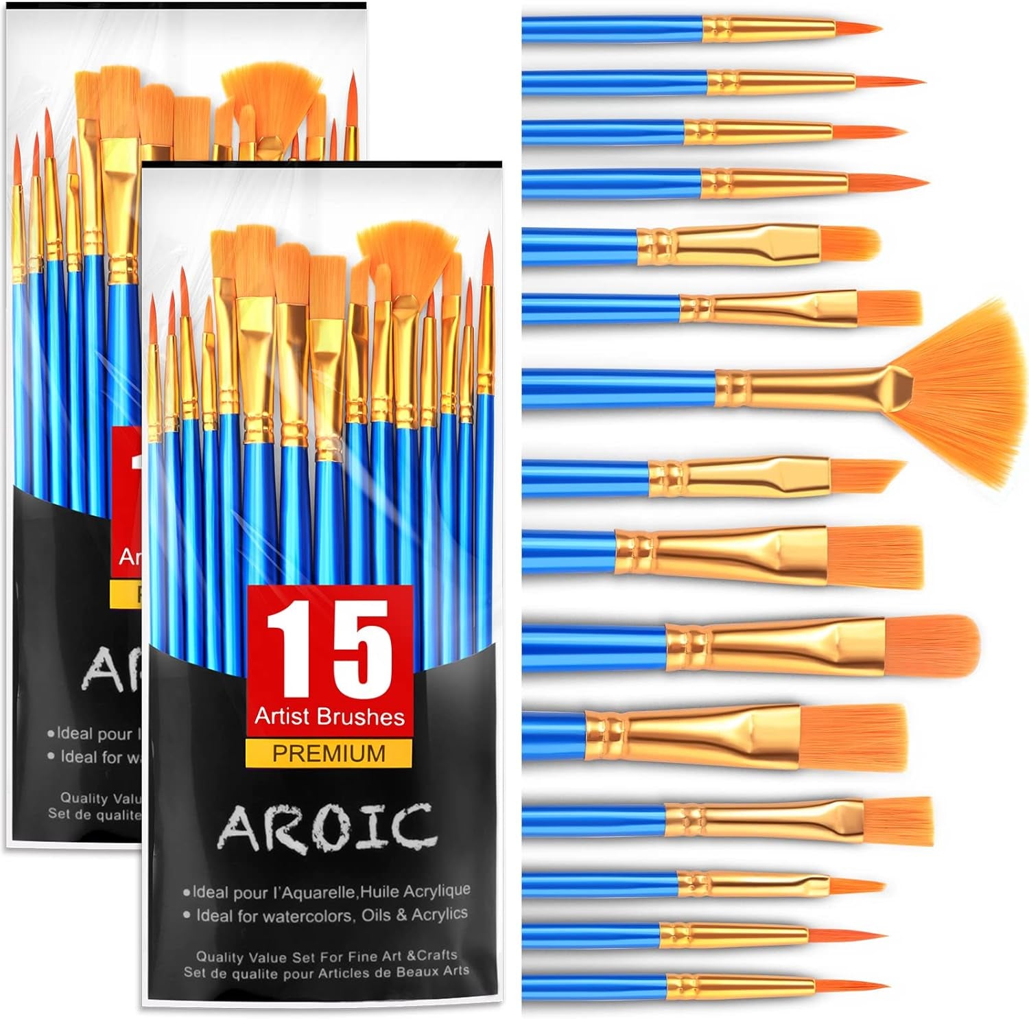 Acrylic Paint Brush Set, 15 Pcs Nylon Hair Paint Brushes for All Purpose Oil Watercolor Face Body Rock Painting Artist, Small Paint Brush Kits for Kids Adult Drawing