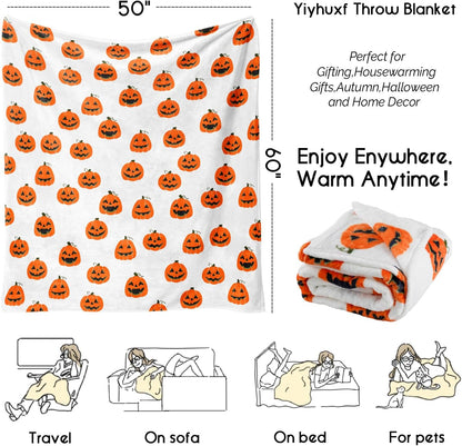 Halloween Blanket,Orange Halloween Pumpkin Face Blanket,Halloween Pumpkin Gifts for Women,Halloween Flannel Fleece Throw Blanket for Home Living Room Bed Chair Decor 60"X50"