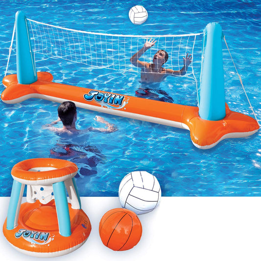 Inflatable Pool Float Set Volleyball Net & Basketball Hoops, Floating Swimming Game Toy for Kids and Adults, Summer Floaties, Volleyball Court (105”X28”X35”)|Basketball (27”X23”X27”),L-Orange