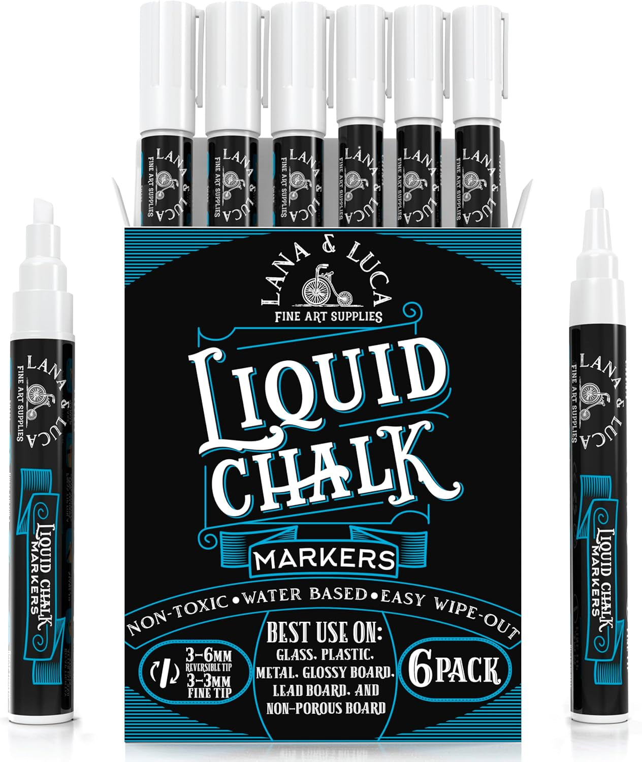 Liquid Chalk Marker Pen - White, Dry Erase for Chalkboard Signs, Windows, Blackboard, Glass with 24 Chalkboard Labels Included (6 Pack) 3-6Mm Reversible Tip, 3-3Mm Fine Tip