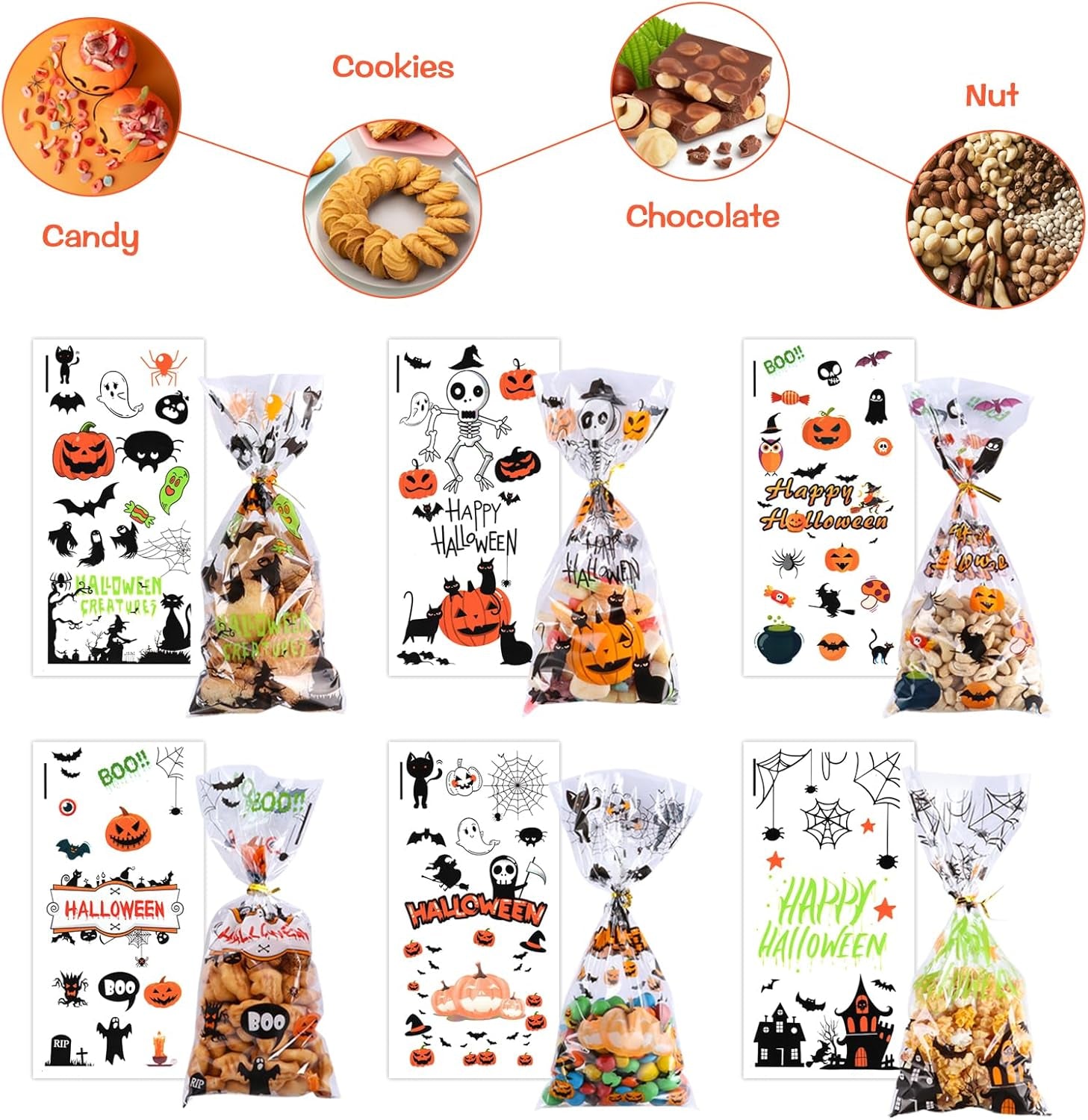 Halloween Cellophane Treat Bags, 180Pcs Halloween Trick or Treat Goodie Gags with 200Pcs Gold Twists for Snacks Cookies Candies Packing, Red Eye Halloween Candy Bags Party Favor Supplies