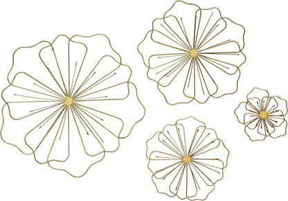 23271 Flower Metal Wall Art 3D Contemporary Modern Abstract Large Decorative Minimalist Sculpture Living Room Boho Home Decor Outdoor Garden Patio Farmhouse Ranch Set of 4 Light Gold