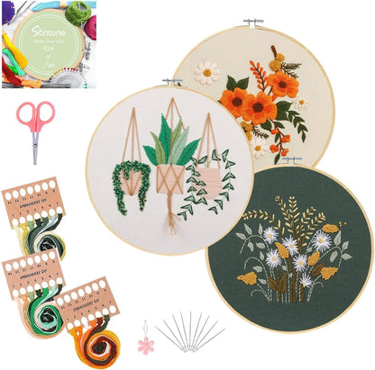 3 Sets Embroidery Kit for Beginners Needlepoint Cross Stitch Kits for Adults,Stitch Learning DIY Kit with Easy Instruction Video,Stamped Floral Embroidery Patterns,Hoop,Threads,Sewing Hobby