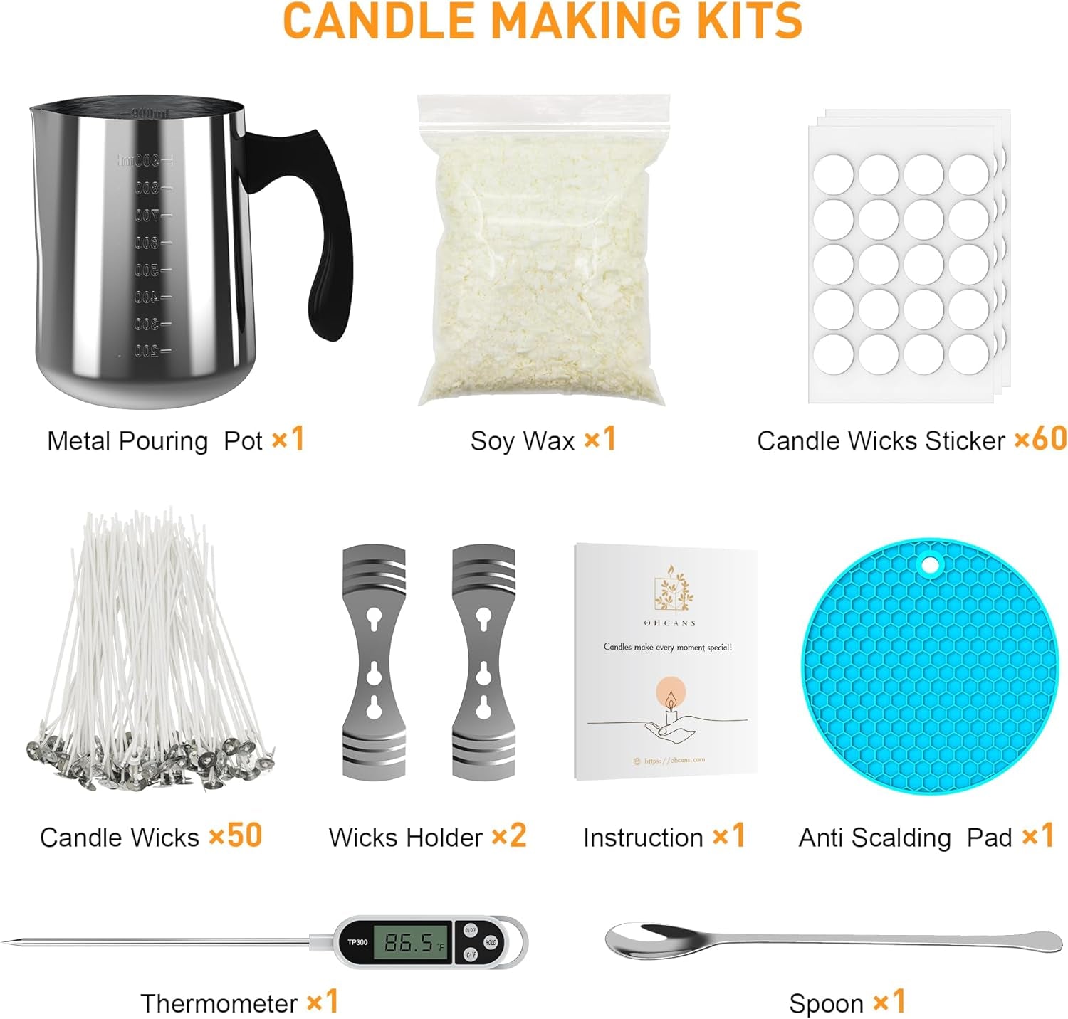 Candle Making Kit Supplies, Soy Wax DIY Candle Making for Adults, with 900Ml Candle Make Pouring Pot, Candle Wicks, Wicks Sticker, Wicks Holder, Thermometers