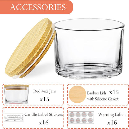 15 Pack 4 OZ Clear Glass Candle Jars with Airtight Bamboo Lids for Making Candles, Bulk Small Wide Mouth Empty Candle Containers with Sticky Warning Labels - Dishwasher Safe