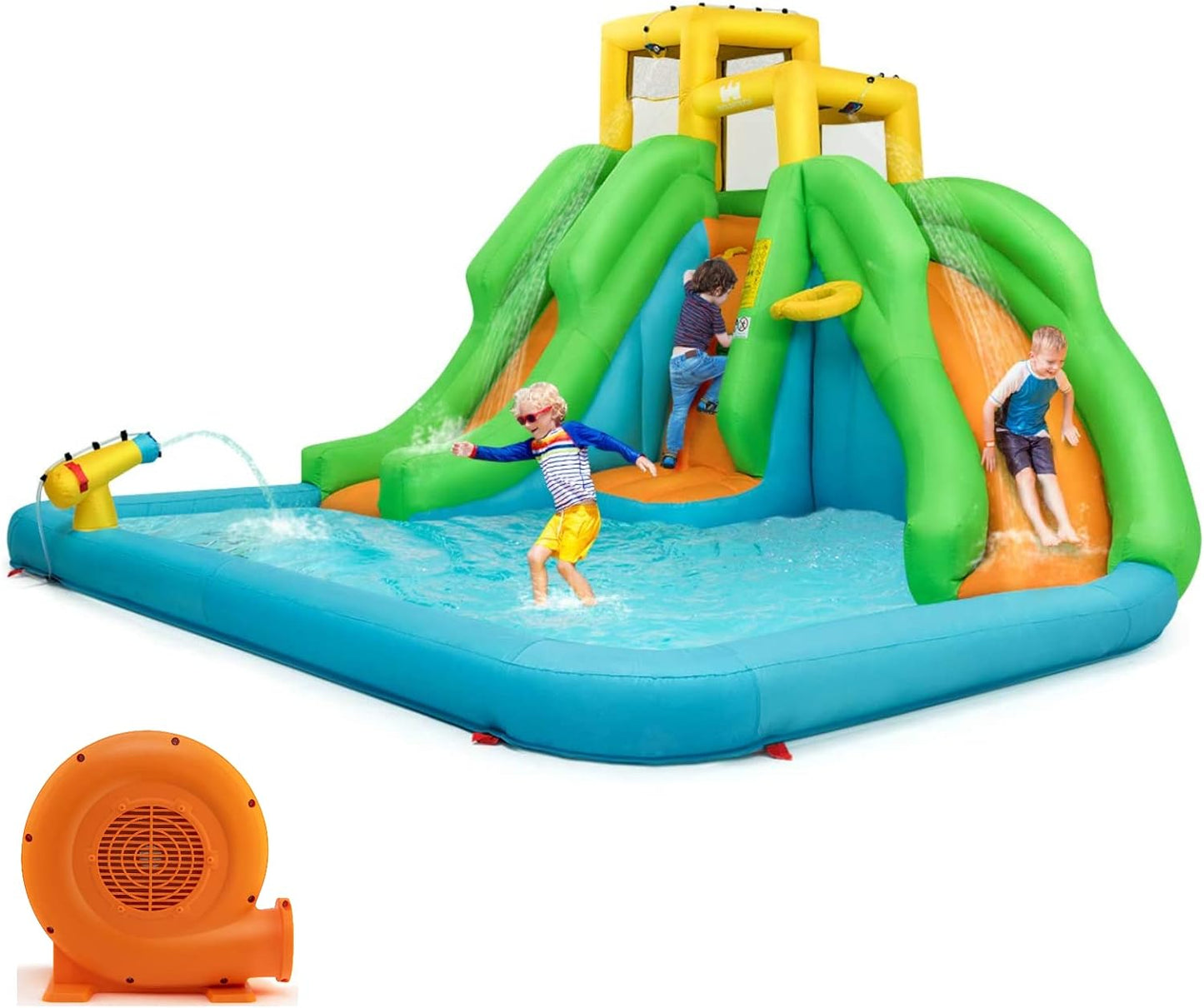 Inflatable Water Slide, 6 in 1 Kids Bouncer Water Park W/Climbing Wall & 2 Long Slides, Splash Pool, Water Cannons, Indoor Outdoor Blow up Water Slides for Backyard(With 480W Blower)