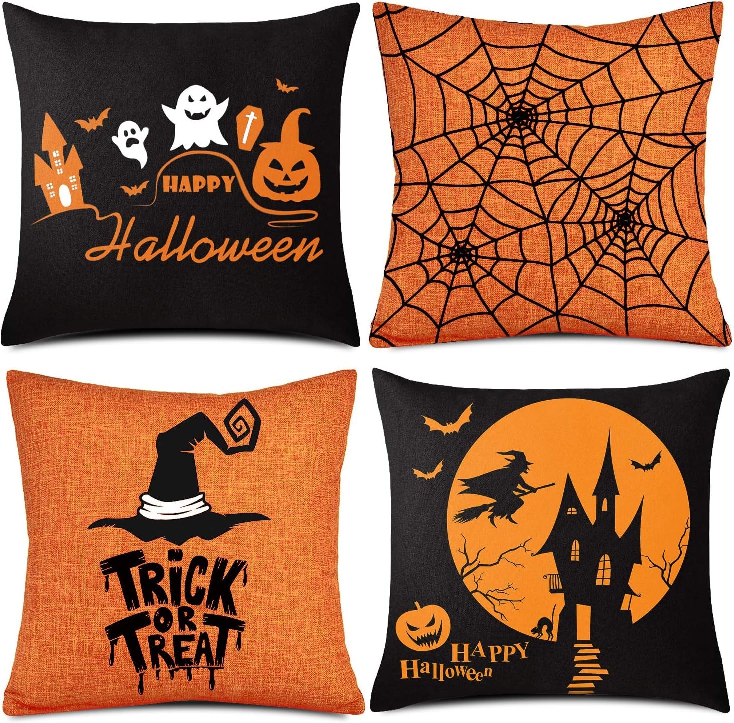 4 Pieces Halloween Pillow Case, Orange and Black Pillow Cover, Happy Halloween Linen Sofa Bed Throw Cushion Cover Decoration (18" X 18")