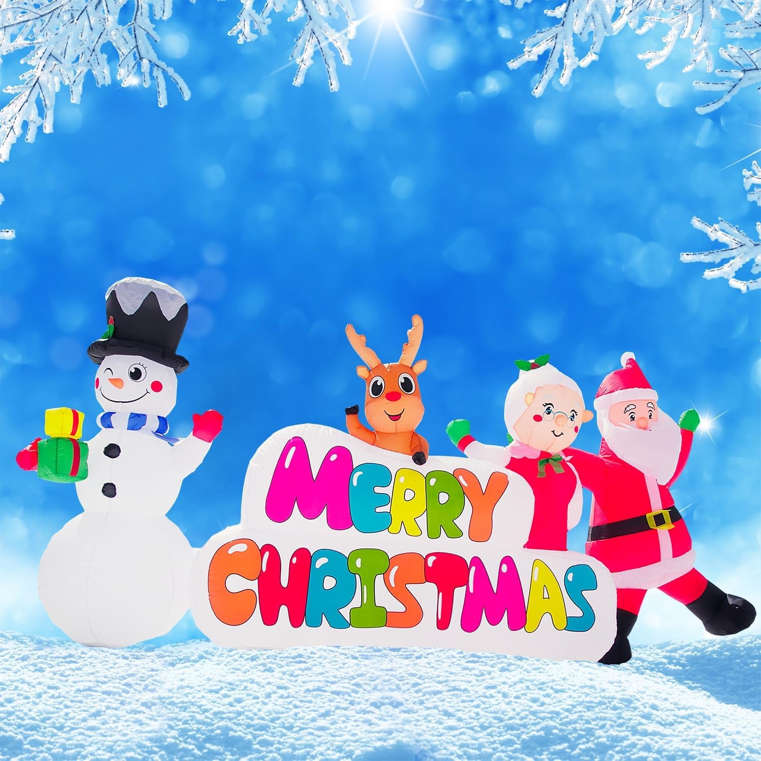 Inflatable Christmas Decorations 8.5 FT Merry Christmas Sign Composition Snowman, Reindeer, Santa Claus and Mrs Santa Scene Outdoor/Indoor/House/Yard Decor LED Lights & Free Storage Bag