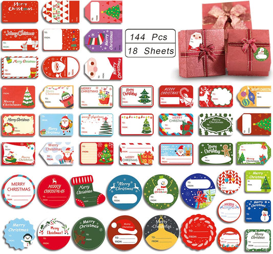 144 Pcs Christmas Gift Tags, Christmas Self Adhesive Gift Tag Stickers, Holiday Labels for Gifts Santa, Snowman, Tree, Reindeer Present Name Labels for DIY Xmas Gift