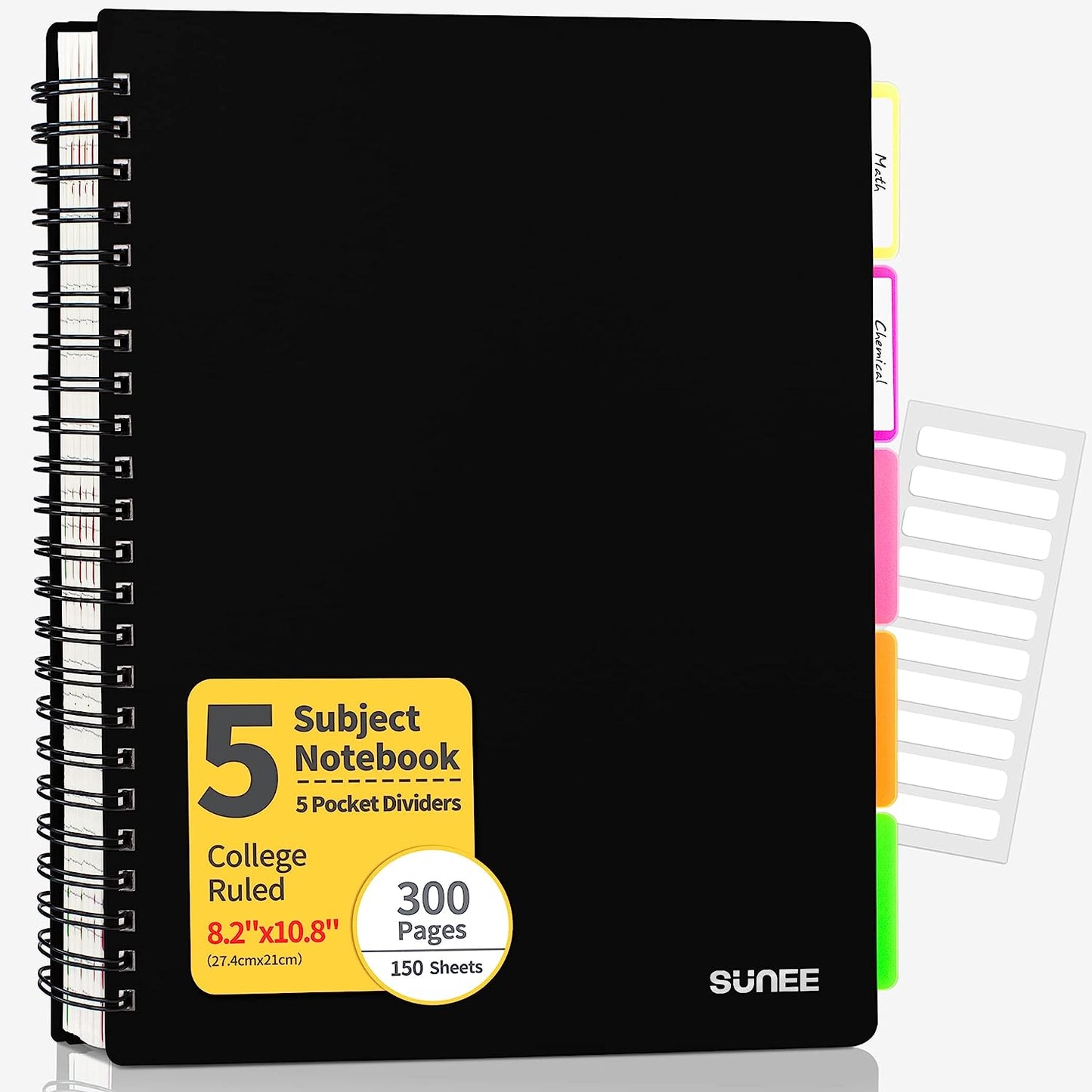 5 Subject Notebook College Ruled - 300 Pages, 8.2"X10.8", 5 Pocket Colored Dividers, 3-Hole Punched Paper, Pink