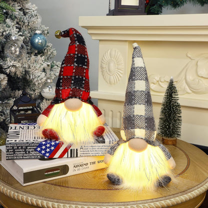 2 Pack Lighted Christmas Gnomes, 12 Inch Handmade Plush Scandinavian Swedish Tomte with Buffalo Plaid Hat, Light up Elf Toy Holiday Present, Battery Operated Xmas Gifts Winter Tabletop Decor