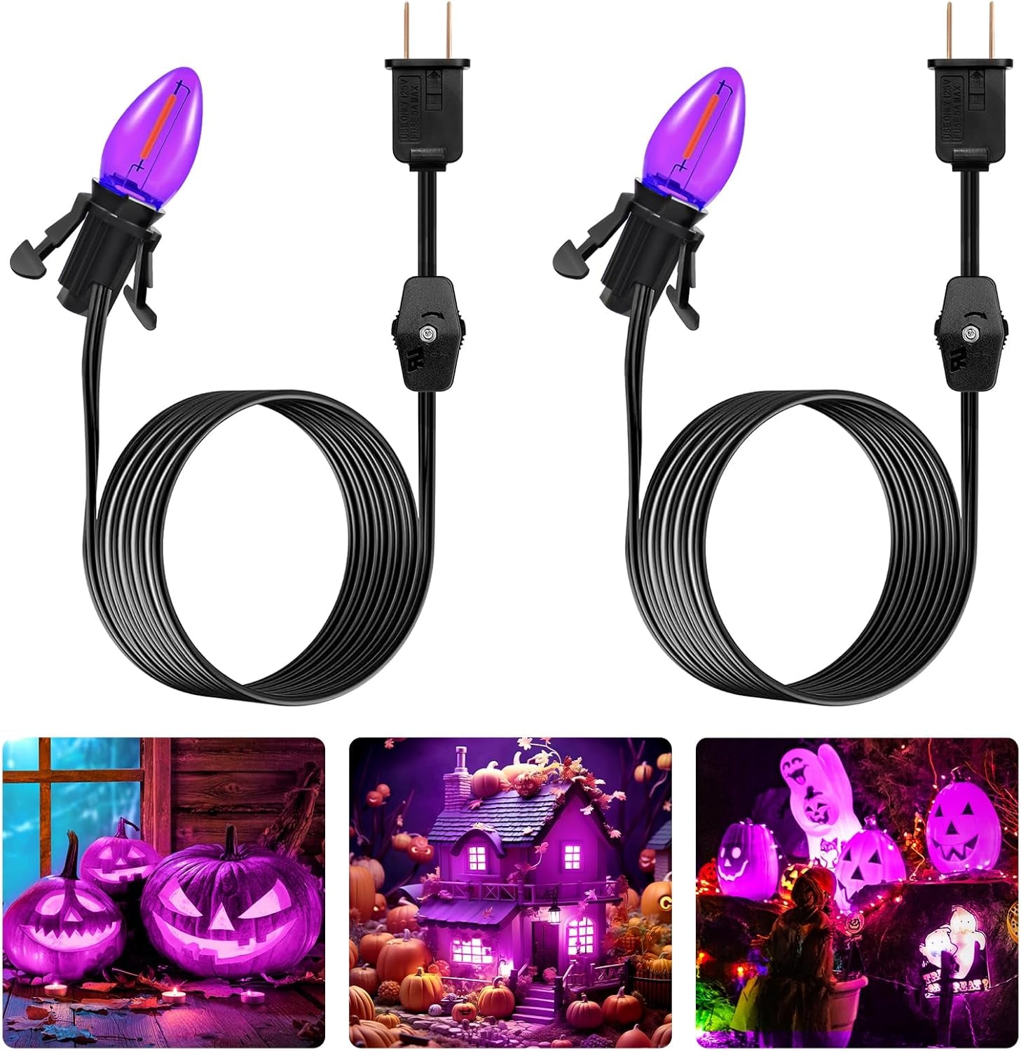 Accessory Cord with One LED Light Bulb - 6Ft Cord with On/Off Switch for Halloween Pumpkin, DIY Craft Projects, Paper Lantern Halloween Decoration, Village House, Holiday Ceramic Trees, 2 Pack, Purple