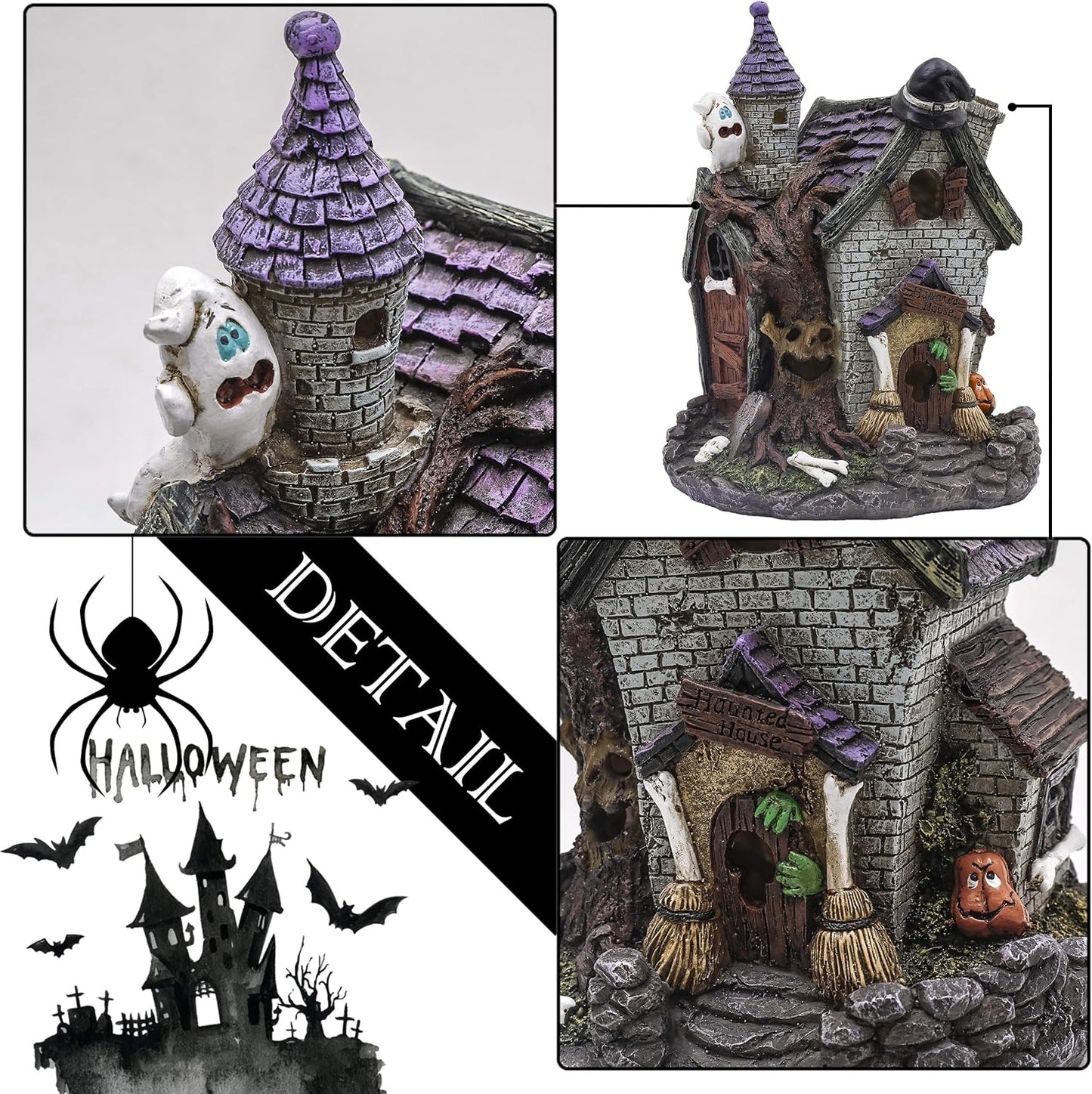 Halloween House Statue Figurine with Witch'S Hat Pumpkin for Halloween Decorations, Pre-Lit 7.8 Inch Lighted Halloween Resin Village Haunted Church for Table Indoor Outdoor Party Decor