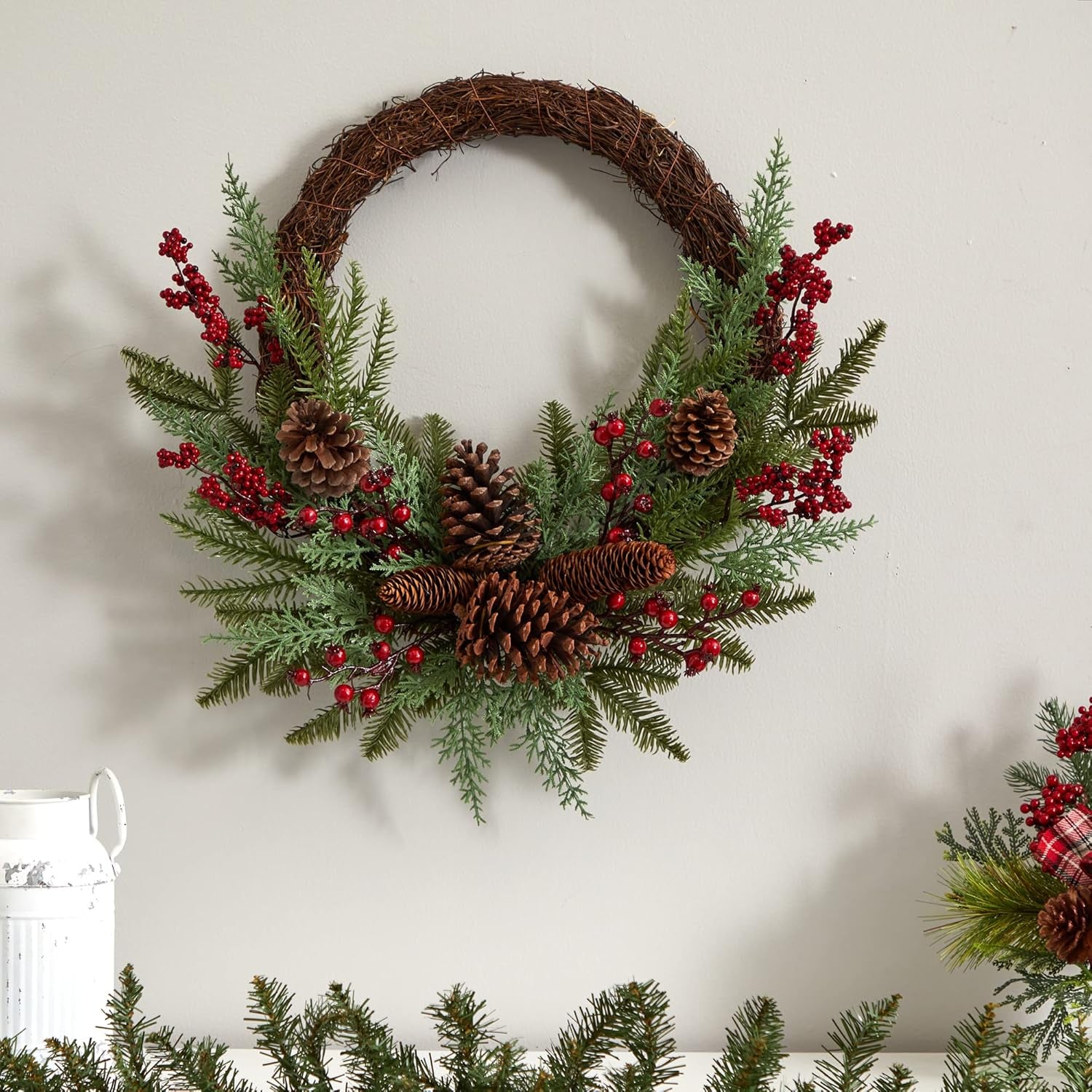 22In. Mixed Cedar with Berries and Pine Cones Artificial Wreaths, Green/Red , 3.5X22X22