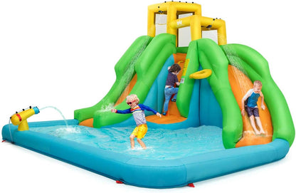 Inflatable Water Slide, 6 in 1 Kids Bouncer Water Park W/Climbing Wall & 2 Long Slides, Splash Pool, Water Cannons, Indoor Outdoor Blow up Water Slides for Backyard(With 480W Blower)