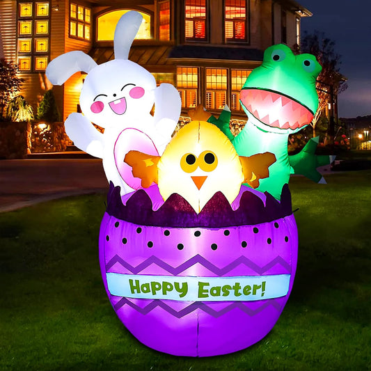 Easter Inflatables Yard Decorations, 6FT Blow up Easter Bunny Chicken Little Dinosaur in Colorful Egg with LED Lights for Outdoor, Indoor, Holiday Party, Garden, Lawn (Easter Bunny Chick Dinosaur)