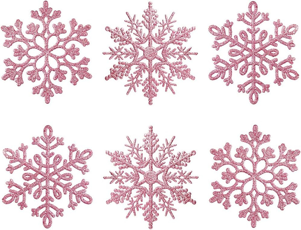 150Mm/6Inch Large Glitter Snowflake Ornaments Set Christmas Tree Hanging Plastic Decoration for Xmas Party Wedding Anniversary Window Door Home Accessories (20Pcs,Pink)