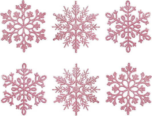 150Mm/6Inch Large Glitter Snowflake Ornaments Set Christmas Tree Hanging Plastic Decoration for Xmas Party Wedding Anniversary Window Door Home Accessories (20Pcs,Pink)