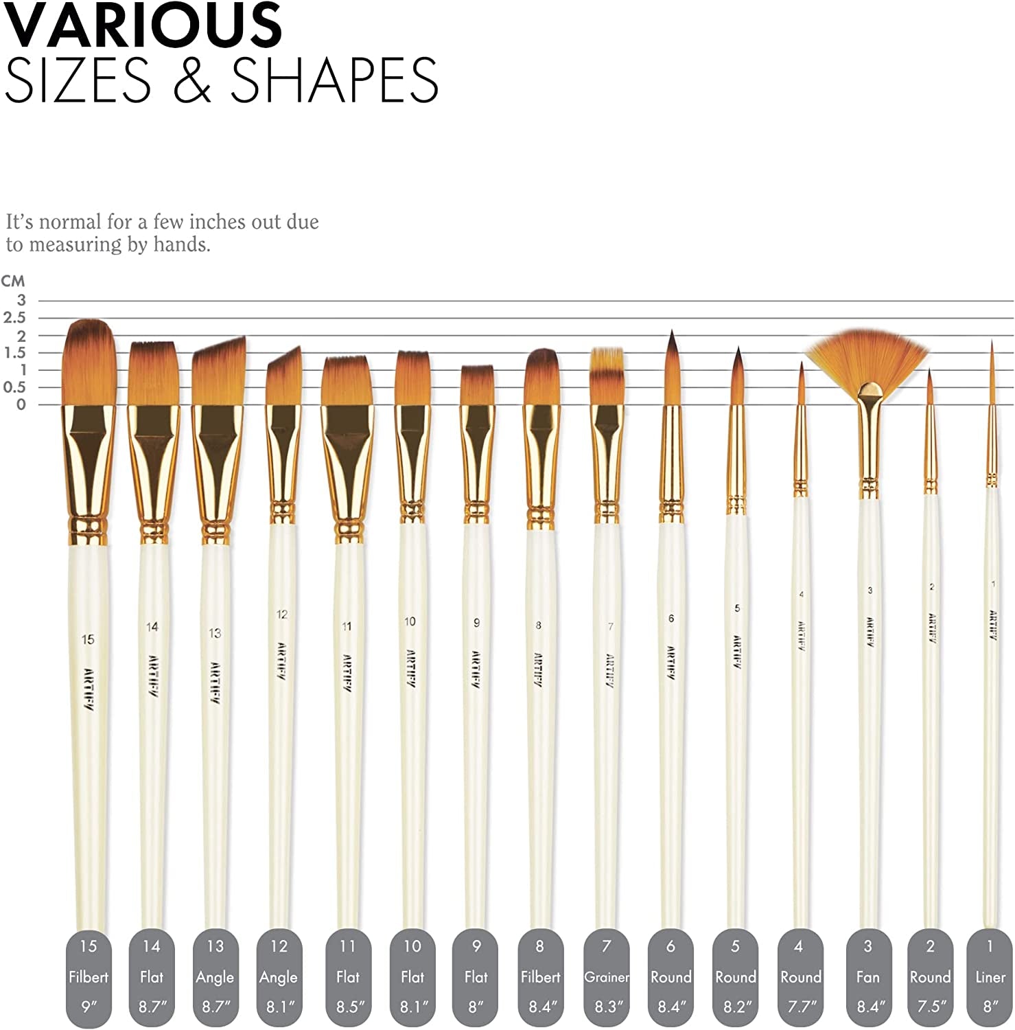 ARTIFY 15 Pieces Paint Brush Set, Intermediate Series, Includes Pop-Up Carrying Case with Palette Knife and 2 Sponges, for Acrylic, Oil, Watercolor and Gouache Painting - Pearl White