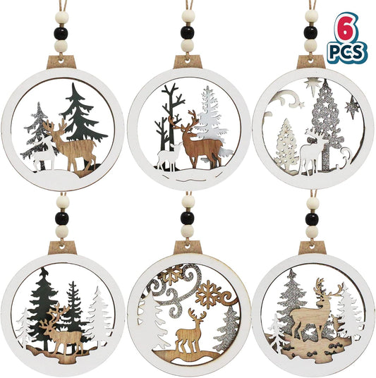 6 Pcs Wooden Christmas Ornaments Hanging Reindeer Ornaments for Indoor/Outdoor Holidays, Party Decoration, Tree Ornaments, Events, and Christmas