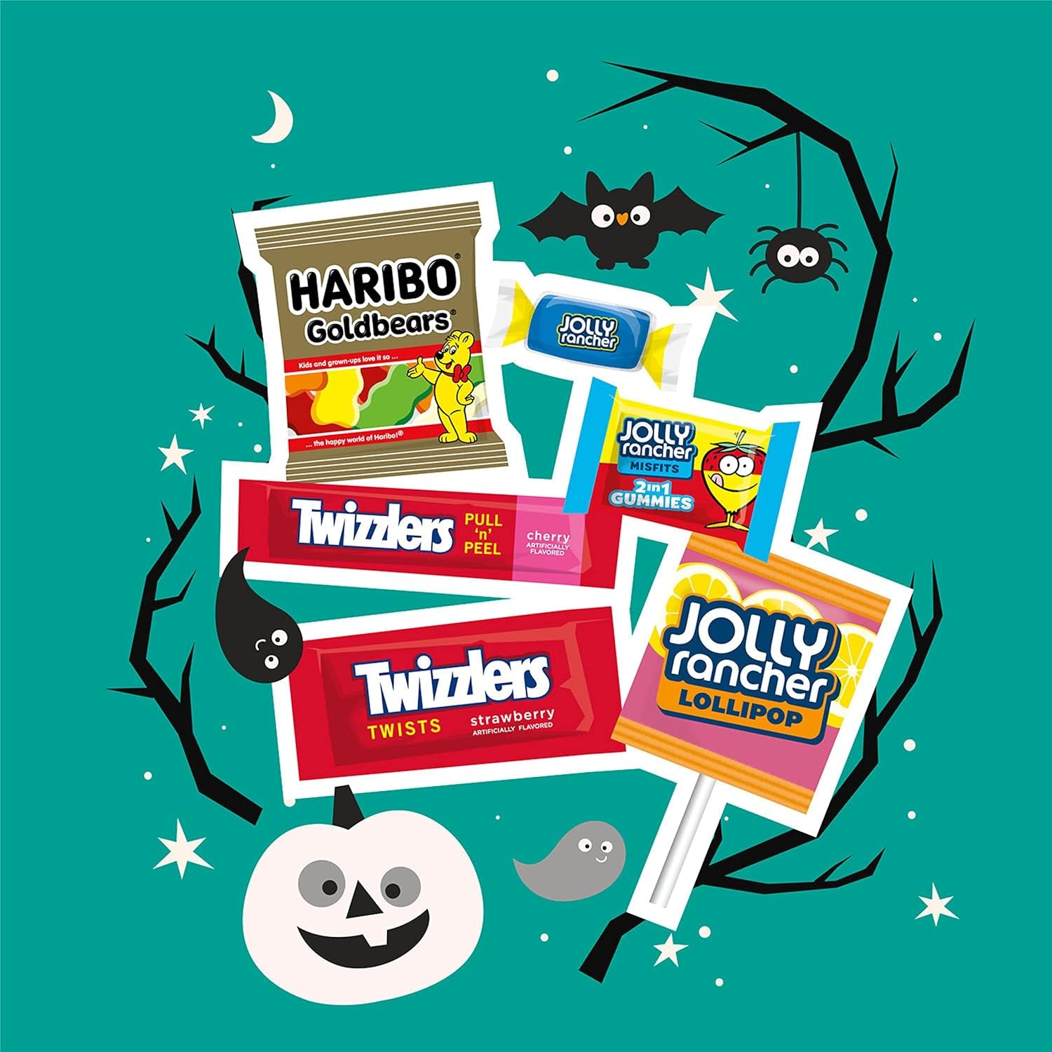 HARIBO, JOLLY RANCHER and TWIZZLERS Assorted Fruit Flavored, Halloween Candy Bag, 25.23 Oz (85 Pieces)