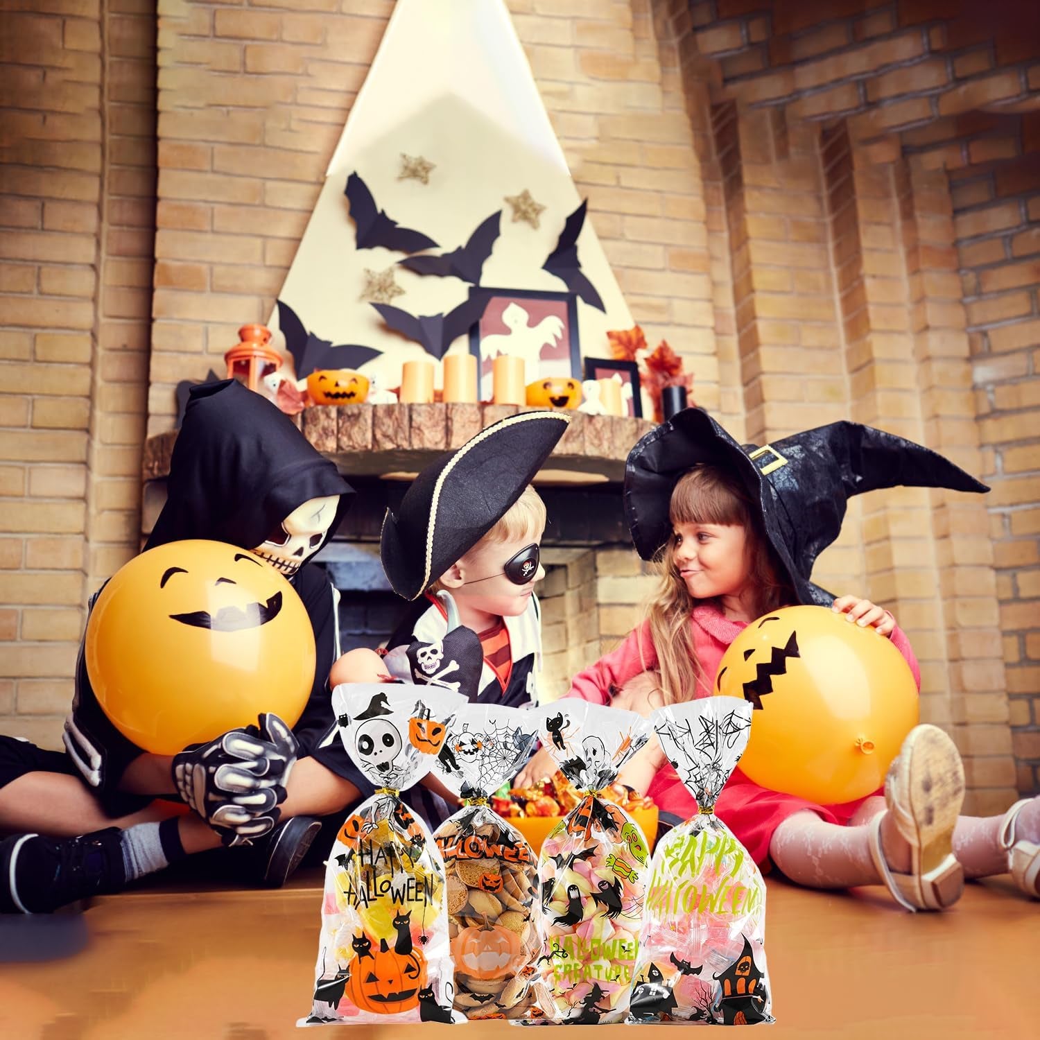 Halloween Cellophane Treat Bags, 180Pcs Halloween Trick or Treat Goody Gags with 200Pcs Twists for Snacks Cookies Packing, Halloween Goodie Bags Party Supplies