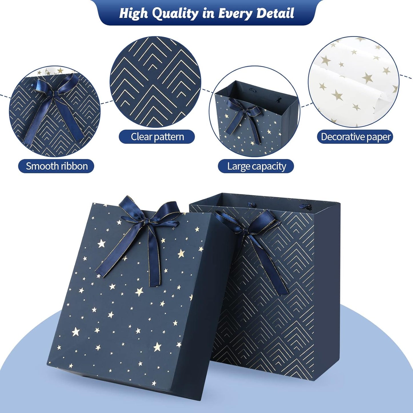 4 Pack 9" Medium Size Gift Bags Assorted Premium Blue Gift Bags with Tissue Paper Use for Birthdays, Baby Shower,Weddings,Party Favor, Holiday Presents-7" X 4" X 9"