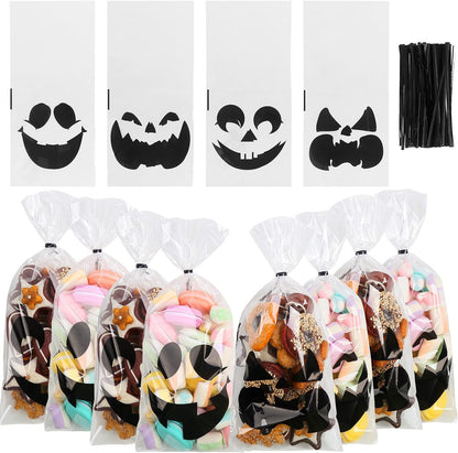 Halloween Cellophane Bags,120Pcs Halloween Clear Cellophane Candy Gift Treat Bags with 150PCS Twist Ties for Halloween Party Favors Supplies(4 Styles)