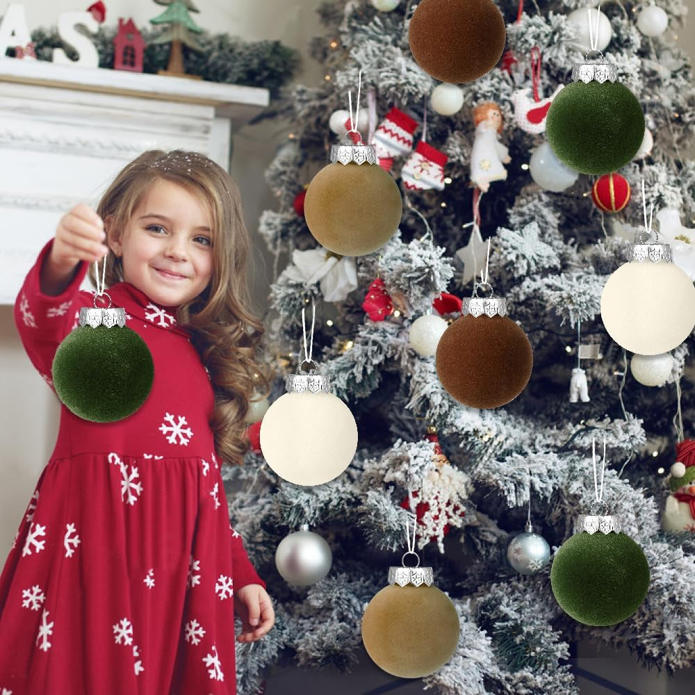 12 PCS Christmas Large Velvet Balls Ornaments 3.14In Shatterproof White Green Tree Hanging Plastic Ball Set Xmas Bulk Flocked Ornaments for Christmas Tree Home Party Wreath Decorations