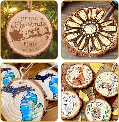 Natural Wood Slices, 30 Pcs 3.1"-3.5" Unfinished Wood Craft Kit, Predrilled Wooden Circles with Hole Crafts Christmas Ornaments DIY Crafts