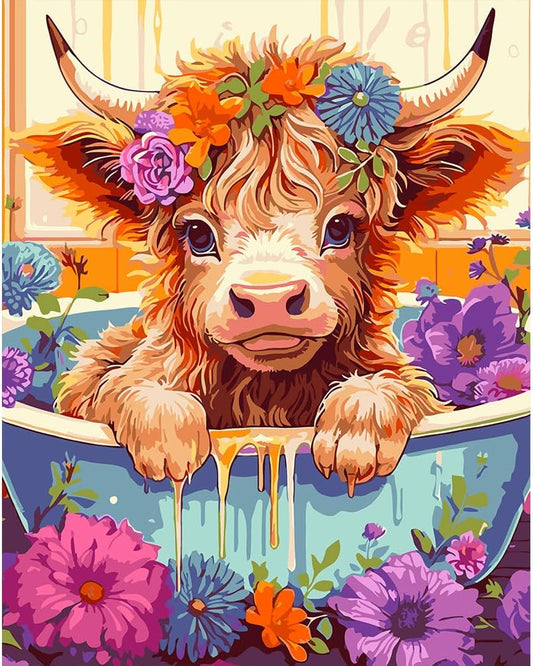Cow Paint by Numbers for Adults- Highland Cow Flower Paint by Numbers for Adults Beginners, Acrylic Simple Paint by Number Canvas for Gift Decoration (16X20 In)