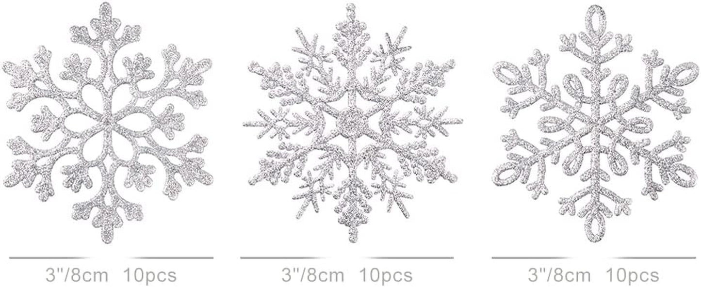 150Mm/6Inch Large Glitter Snowflake Ornaments Set Christmas Tree Hanging Plastic Decoration for Xmas Party Wedding Anniversary Window Door Home Accessories (20Pcs,Silver)