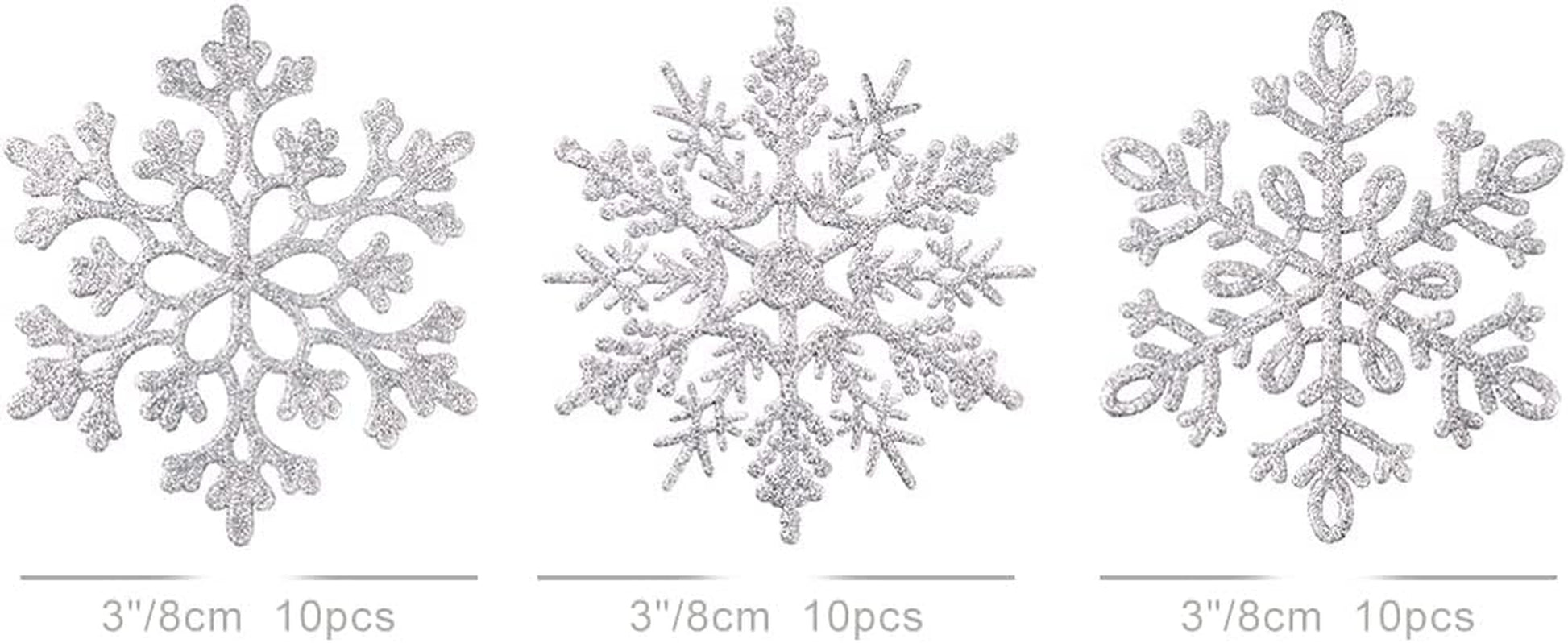 80Mm/3Inch Glitter Snowflake Ornaments Set Mini Christmas Tree Hanging Plastic Decoration for Xmas Party Wedding Anniversary Window Door Home Accessories (30Pcs,Silver)