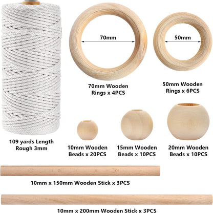 121Pcs Macrame Kit, Macrame Supplies 3Mm X 109Yards Macrame Cord for Macrame Kits for Adults Beginners, with Accessories like 100Pcs Beads and 10Pcs Wooden Rings for Macrame Plant Hanger Kit