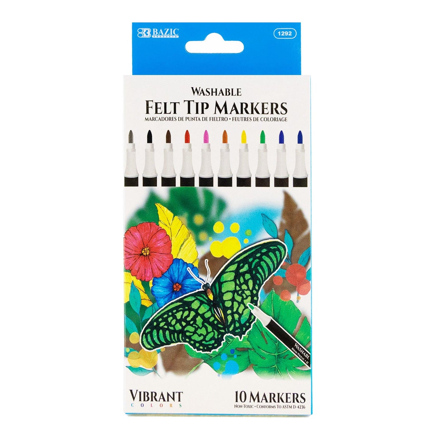 Felt Tip Washable Markers, 10 Colors, 10 Per pack, 12 Packs - Loomini