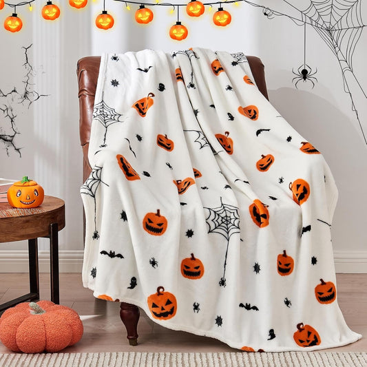 Halloween Throw Blanket Spooky Orange Pumpkin Bat Spider White Throw Blankets Soft Cozy Fleece Horror Blanket for Bedroom Living Room Couch Sofa Bed Home Decorations 50X60 Inch